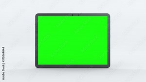Demonstration of a tablet with green screen, computer generated. Touchscreen device, 3d rendering. Computer generated modern backdrop.