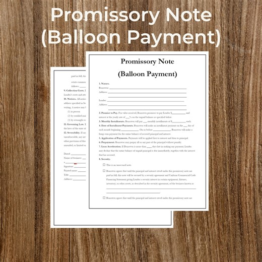 Balloon Payment Promissory Note Form | Printable Fillable PDF - Etsy