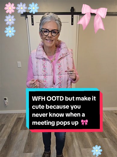 Work from home couture today because it is below zero and I had big lunch errand plans that may not be happening. Cozy but pulled together with this adorable pink quilted vest from Walmart for $19.99 layered over a long sleeve tee, jeans, and comfy shoes. This is exactly how I like my WFH outfits polished on top, comfortable all day, and totally Zoom ready. The bow necklace is from TJ Maxx and adds just enough glam to make the whole look feel intentional even if I never leave the house. Affordab