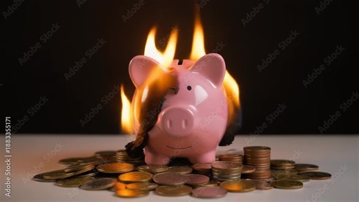 Burning Pink Piggy Bank on Fire with Coins - Financial Crisis, Inflation, and Savings Loss Concept