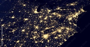 Beautiful Light of Night Cities USA from the Orbiting Satellite. Night map of the US east coast with densely populated areas. Elements of this image courtesy of NASA