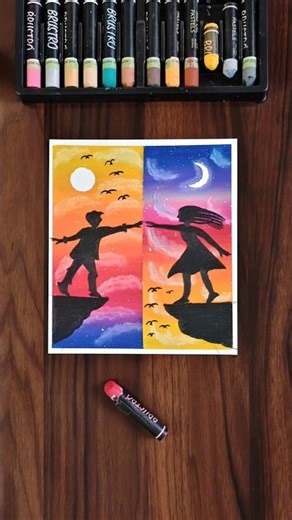 💔 Separated by Time, Connected by Love | Day & Night Drawing | Oil Pastel Art #oilpastel #shorts