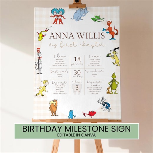 Dr Seuss Birthday Milestone Sign | One for the Books Milestones Poster | Storybook First Birthday Stats Sign | Editable Canva - Etsy