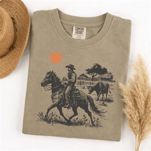 Comfort Colors Cowboy Riding Horse Graphic T-shirt, Western Ranch Rodeo Tee, Vintage Country Sunset Horseback Rider Shirt - Etsy