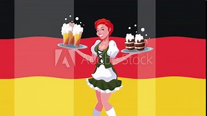 oktoberfest celebration animation with sexi german girl serving beers and germany flag