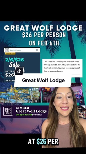 🚨Great Wolf Lodge flash sale! Suites starting at $26 per person on Feb 6th (TODAY ONLY!) Use code 2626 🏷️ Must book as a group of 4 in a standard room! #greatwolflodge #jamiesdailydeals