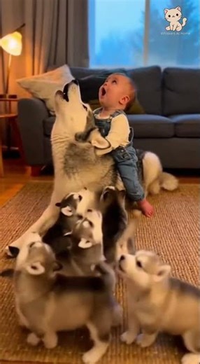 Baby Howls on Mama Husky’s Back — 4 Puppies Join In and It’s Hilarious! 😂🐾