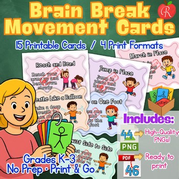 Brain Breaks Cards Classroom Stations Gross Motor skills Printable K 1st 2nd 3rd