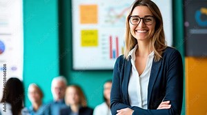 Smiling businesswoman standing in front of a group during a presentation. Happy businesswoman ready to give a presentation in a modern workspace.
