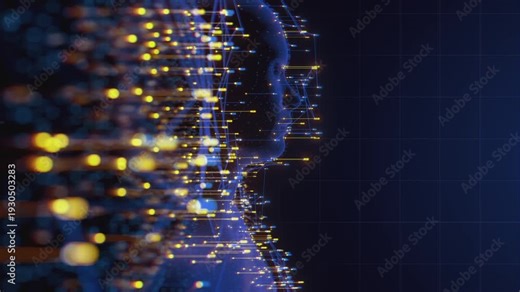Seamless loop video of a digital human profile forming from a complex data network for AI and technology presentations