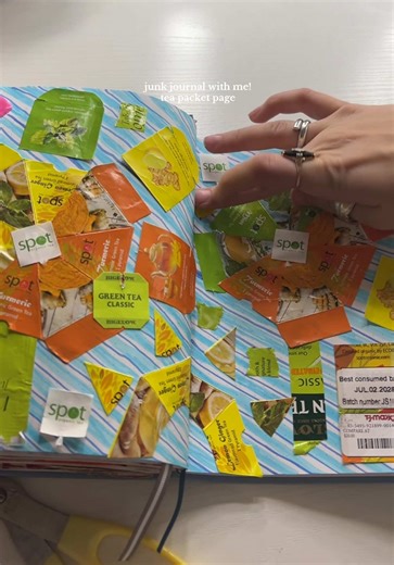 Tea package junk journal spread!! ☕️🧡🫖🌟☕️🍃🫖 been kinda sick so tea has been MY GO TO recently so had lots to make this spread🤭 #teapackets #teajunkjournalspread #junkjournalideas #junkjournalwithme #junkjournalcreator