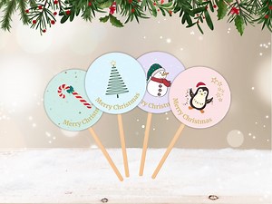 12 Printable Merry Christmas Cake Toppers | 4 Festive Designs | Holiday Party Decorations | Christmas Cupcake Toppers | Printable Cake Decor - Etsy
