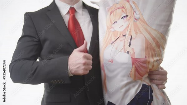 Headless businessman holding a cute anime girl hug pillow showing a thumbs up 4K