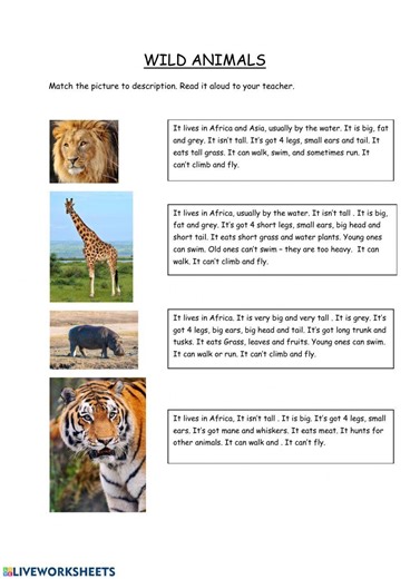 Vocabulary, Reading Wild Animals worksheet