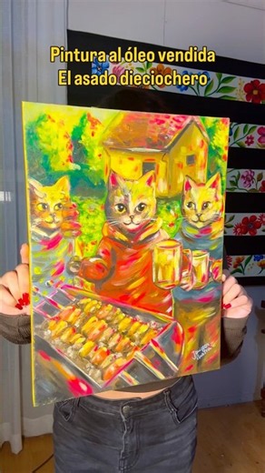 Pintura al óleo vendida❤️Gatos comiendo asado dieciochero #arte #18septiembre
