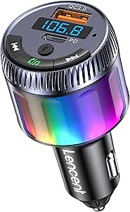 LENCENT Bluetooth 5.3 Car FM Transmitter, Type-C PD 30W & QC 18W Fast USB Charger, Wireless Radio Music Adapter with [Light Switch], Support Hands-Free Calling, Siri&Google Assistant, Color Light