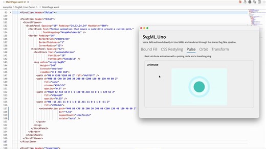 Just released https://t.co/CMbD2Iz2qN package that lets you author an SVG element tree directly in @UnoPlatform XAML. Instead of loading an external .svg file, you declare svg, path, g, filters, text, and related nodes inline. https://t.co/3xvzbfztb2