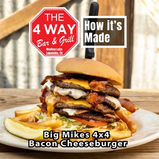 🔥 Big Mike’s Bacon Cheeseburger 🔥 Stacked high. Loaded with bacon. Smothered in melty cheese. This ain’t your average burger — it’s a flavor beast. 🍔🐗 Come hungry. Leave happy. Only at The 4 Way. Order online 7 days a week @ the4waybar.com #BigMikesBurger #The4WayBar #BaconCheeseburger #TexasEats #BurgerGoals #howitsmade | The 4 Way Bar & Grill
