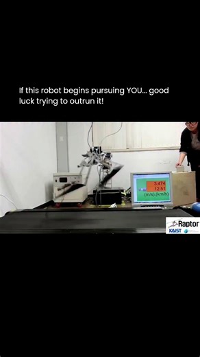 Newscape ai | Technology on Instagram: "It runs faster than elite human sprinters 😲⚡️ Meet Raptor, a two-legged robot made by the awesome folks at the MSC Lab at KAIST! It uses lightweight materials, spring-like mechanics, and a tail-inspired balance system to reach speeds of approximately 46 km/h on a treadmill — quicker than the fastest recorded human sprint speed. The design is inspired by how velociraptors moved to focus on speed, and agility. How cool is it that robots can move this fast? 