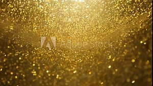 A gold glitter background in slow motion, with falling glitter particles appearing almost suspended in air. Backlighting highlights the glitter, creating a halo effect around each particle, adding a m