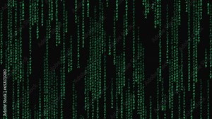 Matrix background. Falling code on dark backdrop. Running random Japanese. Abstract data concept. Futuristic cyberspace. Data code, encryption and encoding