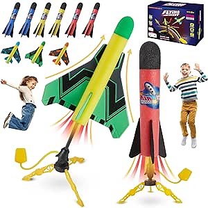 Rocket Toy Outdoor Rocket Launcher for Kids, Shoots Up to 100 Feet, 6 Colorful Rockets and 3 Planes with 2 Sturdy Launcher Toy Stand, Birthday Gift for Boys Girls Age 3-12