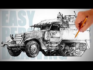 How to draw military vehicle (halftrack) - Easy Perspective Drawing 36