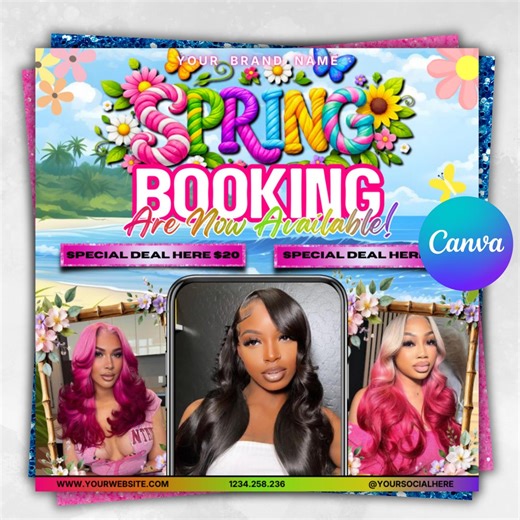 Spring Break Flyer, Spring Flyer, Hair, Lashes, Nails, Braids, Spring Booking Flyer, April Book Flyer, Spring Flyer Template, Canva Editable - Etsy