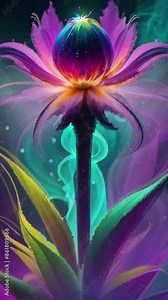 Vertical Alien Space Flower with Rainbow Smoke 4K Loop features an A.I. Generated video of an alien plant with particles and rainbow colored smoke floating from the plant in a vertical ratio.