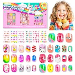 144 Pieces 6 Pack Kids Press on Nails Artificial Fake Nails for Kids Girls Pre Glue Full Cover Short Acrylic False Nail Tips Art Kits Gifts for Girls Nail Art Decoration (Dreamy Pattern)