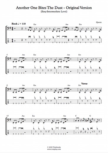 Another One Bites The Dust - Original Version (Easy/Intermediate Level) (Queen) - Bass Tabs