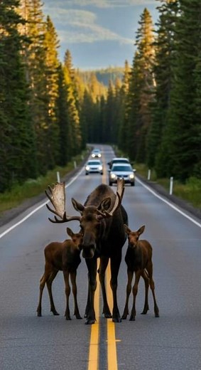 Traffic Stops as a Moose Family Crosses the Road