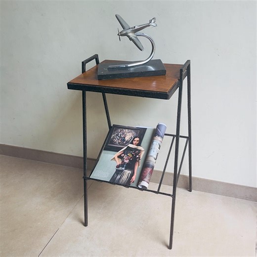 Vintage Wrought Iron Side Table, MCM Plant Stand, Metal Wood Magazine Rack - Etsy