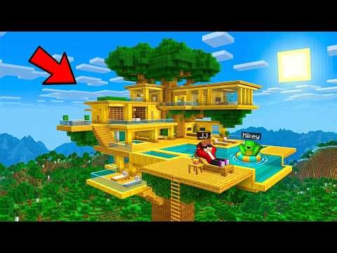 JJ and Mikey Build SUPER MEGA TREEHOUSE in Minecraft - Maizen