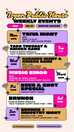 Tryon Public House 📍 Inwood, NYC on Instagram: "Correction: Sunday is in fact February 1st 😳 the year is flying! New week, same fire vibes at Tryon Public House! Stop by for happy hour, @nyknicks games, karaoke, trivia and more. We’ve got something for everyone in the friend group so share this with your crew and pick a day to come through! Uptown NYC | Good food. Better vibes | Tryon Public House | 🚨COME VISIT US🚨 4740 Broadway New York, NY 10040 United States A Train 🚊 to Dyckman Check it