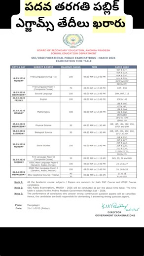 📢 AP SSC / OSSC / VOCATIONAL PUBLIC EXAMS – MARCH 2026 🏫 🗓️ పరీక్షల షెడ్యూల్ 16-03-2026 ➝ First Language 18-03-2026 ➝ I Lang Paper–1 / II Language 20-03-2026 ➝ English 23-03-2026 ➝ Maths / Physical Science 25-03-2026 ➝ Biological Science 30-03-2026 ➝ Social Studies 31-03-2026 ➝ I Lang Paper–II / OSSC Lang 01-04-2026 ➝ Vocational (Theory) ⏰ సమయం: ఉదయం 9:30 నుండి 🎯 స్టూడెంట్స్ అందరికీ ఆల్ ది బెస్ట్ 💐 — మీ చలమాల నాగు | Chalamaala Nagu Naidu