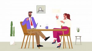 Vector scene animation demonstrating a job interview, with characters presenting themselves professionally and engaging in a conversation with the interviewer.