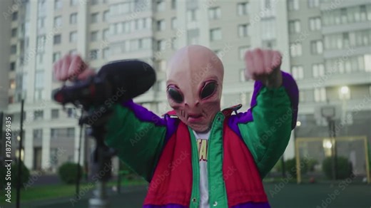 An alien dances in front of a microphone on the street. A man in a UFO mask waves his arms. A still from a music video about the galaxy. A rubber mask is not Halloween.
