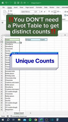Unique Counts in Excel‼️ 🗂️ Don’t forget to save this post! 📚 Show up to work on Monday as an Excel Guru! Start an Excel Course TODAY with the link in our bio! 🧑‍🏫 Save hours tracking your budget, goals, and MORE! Get your Excel templates with the link in our bio! 🤯 Follow us on IG, YT, X (Twitter), Threads, and more with the link in our bio! #excel #exceltips #exceltricks #exceltutorial