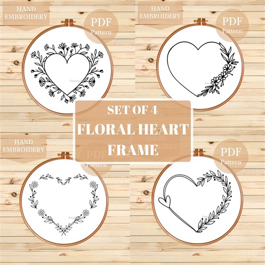 Floral Heart Frame Hand Embroidery Pattern Set | Flower Heart Shape Wreath Bundle (PDF Template) - Etsy