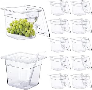 12 Pack Plastic Food Pan with Lids 1/6 Size 6'' Deep Restaurant Food Containers Stackable Clear Polycarbonate Commercial Hotel Pans with 1 Plastic Spoon for Fruits Vegetables