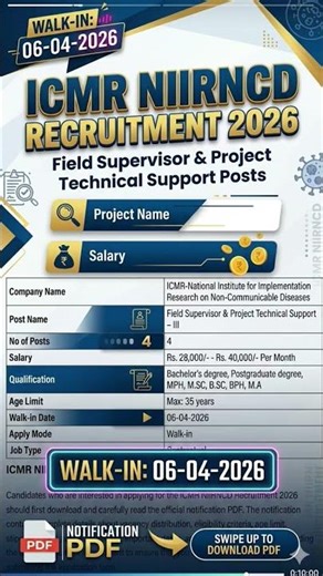 ICMR NIIRNCD Recruitment 2026 - Walkin for Field Supervisor, Project Technical Support Posts