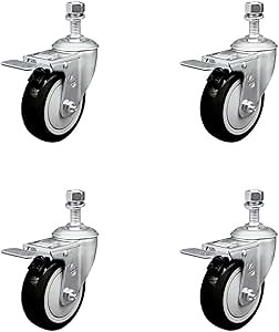 Polyurethane Swivel Threaded Stem Caster Set of 4 w/4" x 1.25" Black Wheels and 1/2" Stems - Includes 4 with Total Lock Brakes - 1400 lbs Total Capacity - Service Caster Brand