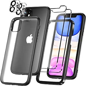 [5 in 1 Designed for iPhone 11 Case, 2 Pack Tempered Glass Screen Protector + 2 Pack Camera Lens Protector, Semi-Clear Hard Back Shockproof Slim Thin Anti-Scratches Kit for iPhone 11 6.1 Inch