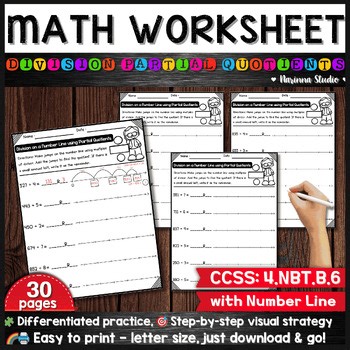 3 Digit by 1 Digit Division Partial Quotients with Number Line Worksheets