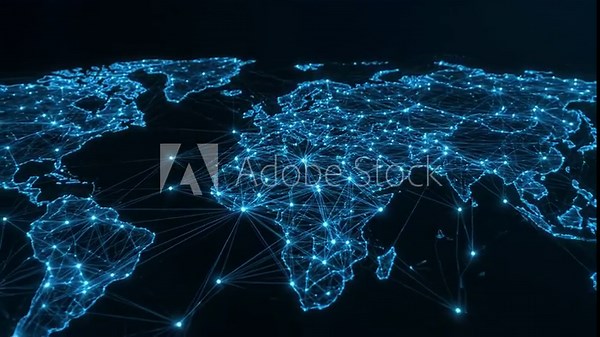 Global Network Connections - A digital video of a vast, interconnected network of glowing nodes and lines expanding across a world map. The blue light represents data flow and global connectivity.