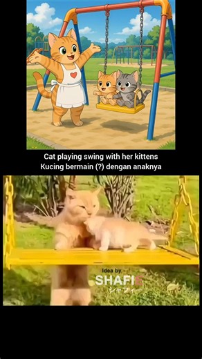 viral to anime : cat playing swing with kittens