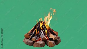 Bonfire lit in green screen background, campfire flames motion, generative ai
