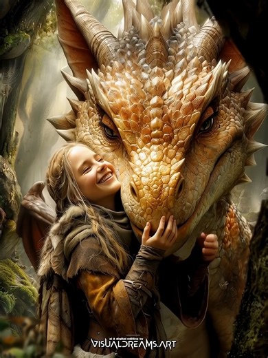 They say dragons are creatures of fire and ancient fury. They are wrong. This is a creature of loyalty, of shared whispers, and of a love so deep it calms the wildest storm. She doesn't fear the thorns of his skin, because she knows the golden soul they protect. And that soul belongs entirely to her. | VisualDreams.art - Dragons & Fantasy Creatures - AI