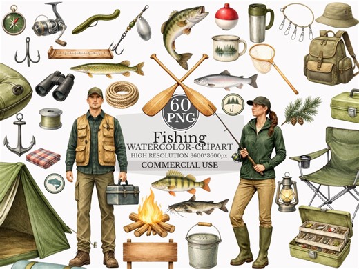 Fishing Clipart Bundle Fisherman PNG Fishing Watercolor Clipart Angler Clipart Fishing Gear PNG Camping Fishing Graphics - Etsy